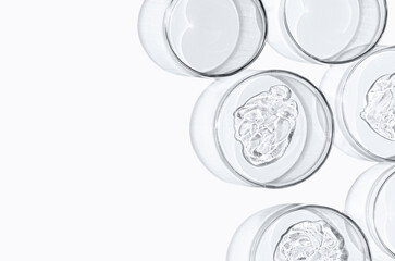 A sample of skin serum or moisturizing gel in a Petri dish. A cosmetic product. Copy space