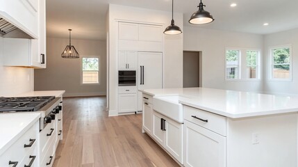 Bright modern kitchen, spacious layout with minimalist design, sleek countertops, ideal for cooking and entertaining with copy-space.