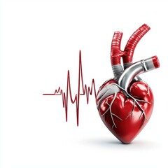 Realistic 3D Render of a Red Human Heart with Pulse Waveform on White Background