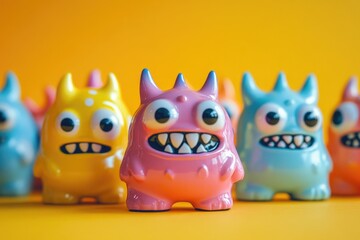 Obraz premium Colorful monster figures with sharp teeth are displayed on yellow background