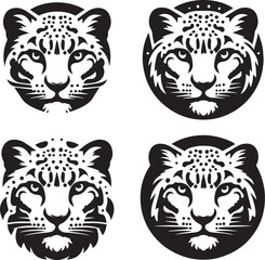 set of Snow Leopard face poses,powerful snow leopard head silhouette, exotic snow leopard face artwork, 
