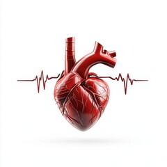 Realistic Red Human Heart with Heartbeat Line on White Background