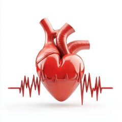 Red 3D Render of a Human Heart with a Pulse Line on White Background