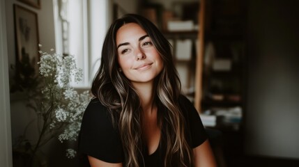 Obraz premium Young Woman with Long Hair Smiling in Cozy Room with Plants