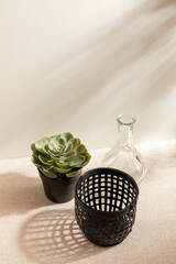 Group of Container isolated on studio background. Minimalist. Product design. Simplicity. Object. Modern. Home decoration. Houseplant. Plant pot. Space for text.Light and Shadow. Simple black vase.