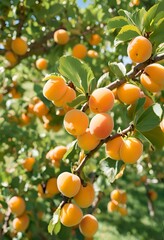 An apricot tree with ripe apricots hanging