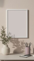 Japandi workspace with neutral tones and gradient white frame.