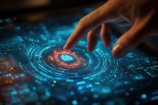 Finger activates digital lock on tablet screen cybersecurity concept Background - Powered by Adobe