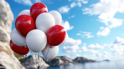 Red and White Balloons Floating Above a Scenic Coastline