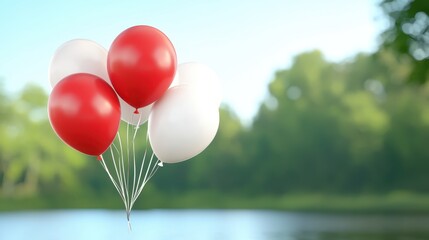 Red and White Balloons Floating Against a Summer Landscape