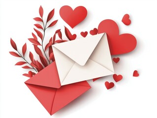 Red and White Paper Envelopes with Hearts and Leaves