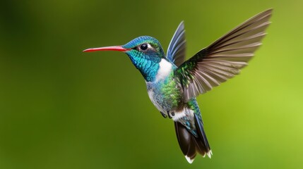 Obraz premium Vibrant hummingbird in flight against a blurred green backdrop. Possible use Nature photography, educational resource, or desktop background