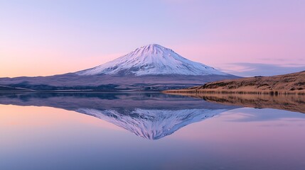 A snowy mountain reflected in a perfectly still lake under a soft pink sunrise
