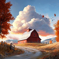 Red Barn in Autumn Landscape at Sunset