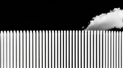 A white fence with evenly spaced vertical slats.