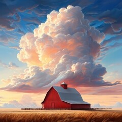 Red Barn Under a Dramatic Sunset Sky
