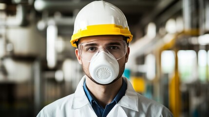 Confident industrial engineer in safety gear, embodying professionalism and workplace safety in a modern industrial setting.
