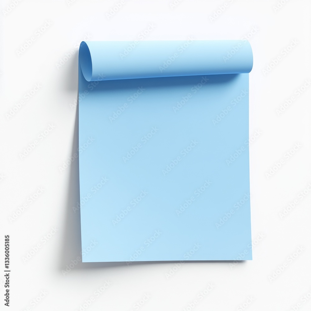 Poster light blue rolled sheet on white surface: a minimalist presentation mockup with soft shadows and mod