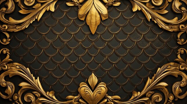 Intricate damask-inspired ornamental layout, golden fish-scale pattern, opulent filigree accents, refined space for elegant composition.