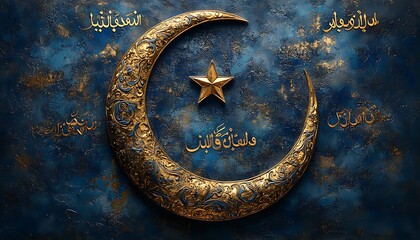 Naklejka premium Ornate Golden Crescent Moon Star Festive Islamic Art Blue Background Eid Gilt Faith Image Metal 