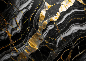 Fototapeta premium Luxurious marble wall with a subtle vein pattern, with a color combination of black, grey, and gold. High quality, detailed, realistic.