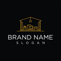 Minimalist house interior logo with furniture line art. Simple, elegant design. Ideal for interior design, home decor, or real estate brands. Clean vector.