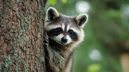 Naklejka premium Raccoon clinging to tree trunk, forest background, wildlife