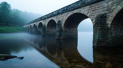 Misty Morning Over Arched Stone Bridge Reflection in Calm Water at Dusk in Serene Landscape