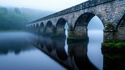 Fototapeta premium Serene Stone Bridge Reflected in Misty Water at Dawn Over Calm Lake Landscape