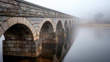 Fototapeta premium Old Stone Bridge Over Foggy River with Archways and Calm Water Reflections