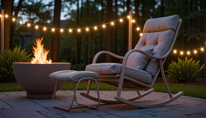 Modern minimalist rocking chair beside stylish fire pit on elegant back patio