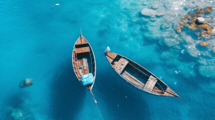 Fototapeta premium Serene aerial view of boats on tranquil waters surrounded by gentle shades of blue and turquoise