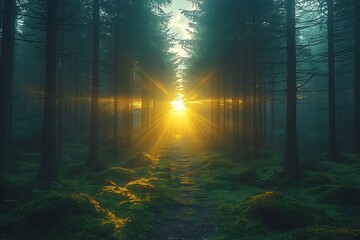 Obraz premium Magical Sunrise in Misty Forest Sunbeams Through Trees on Mossy Path