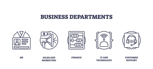 Business departments icons, ID badge, megaphone, abacus. Outline icons set.