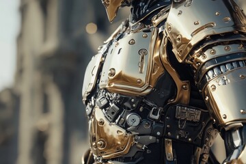 Fototapeta premium A close up image showcases armored robot body in metallic gold