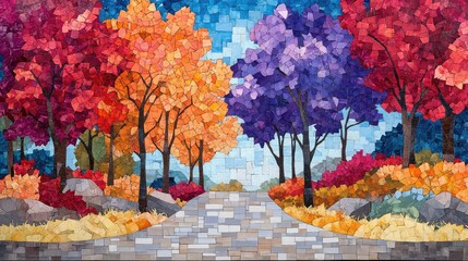 Colorful autumn trees along a stone path, peaceful landscape, nature scene, print