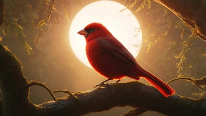 Fototapeta premium A red bird on the tree branch at sunset