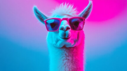 Stylish llama wearing sunglasses, colorful neon lighting, fun and playful vibe, perfect for social media projects.