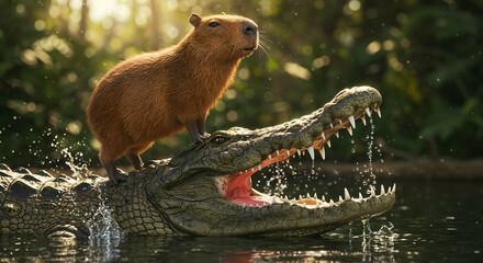 A funny capybara confidently standing on a crocodile in a jungle river.