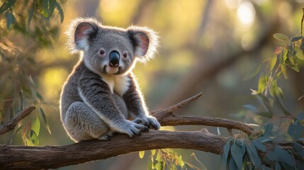 Fototapeta premium Adorable Koala Sitting on a Branch Surrounded by Greenery