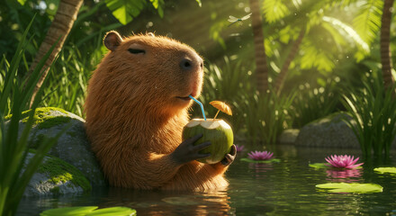 A happy capybara enjoying a coconut drink in a tropical paradise.