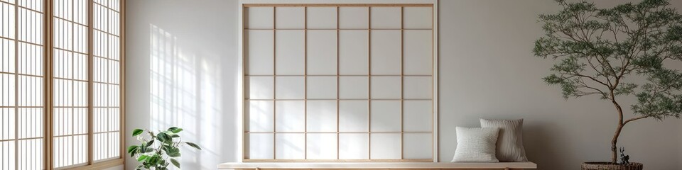 Japandi-inspired living area with natural light and white frame.