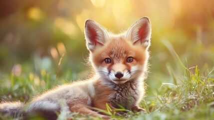 Obraz premium Adorable Red Fox Cub Relaxing in a Bright Green Meadow at Sunset
