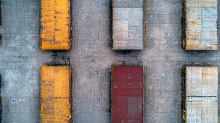 Aerial View of Shipping Containers Stacked on Concrete Ground at a Logistics Warehouse