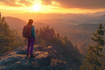 Fototapeta premium Hiker admires sunset mountain vista breathtaking view golden hour landscape