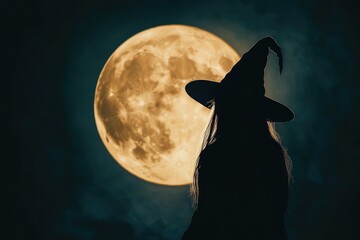 Silhouette of witch wearing hat in front of the full moon
