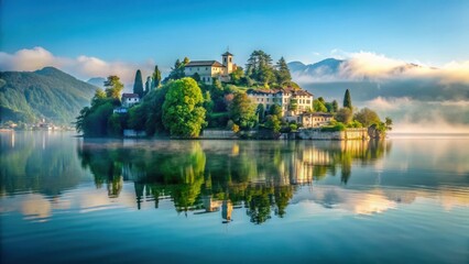 Fototapeta premium Serene lake scenery with Isola San Giulio island reflected on calm water surface amidst lush green surroundings and gentle morning mist , italian lakes, serene lake scene