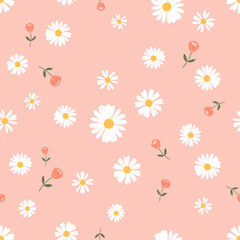 Seamless pattern with daisy chamomile garden and pink flower on pink background vector.