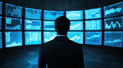 Business Professional Analyzing Data on Multiple Screens in Dark Room with Blue Lighting
