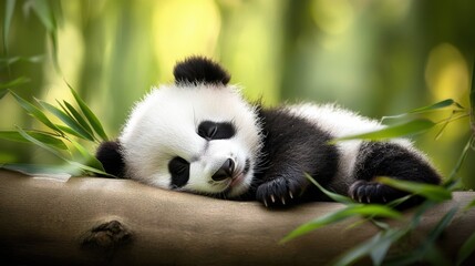 Naklejka premium Cute Baby Panda Sleeping Peacefully on a Bamboo Log in Nature